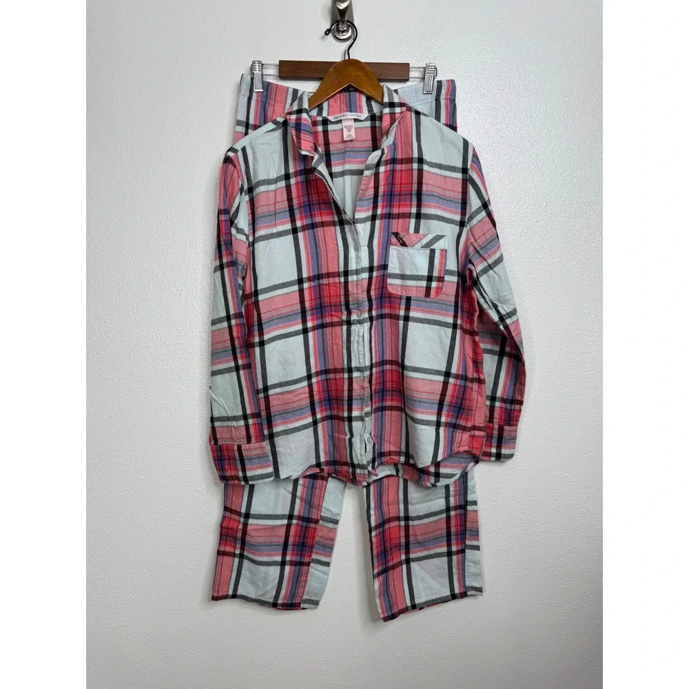 Victorias‎ Secret Pajama Set Womens Medium Pink Blue Plaid Cotton Modal 2 Piece